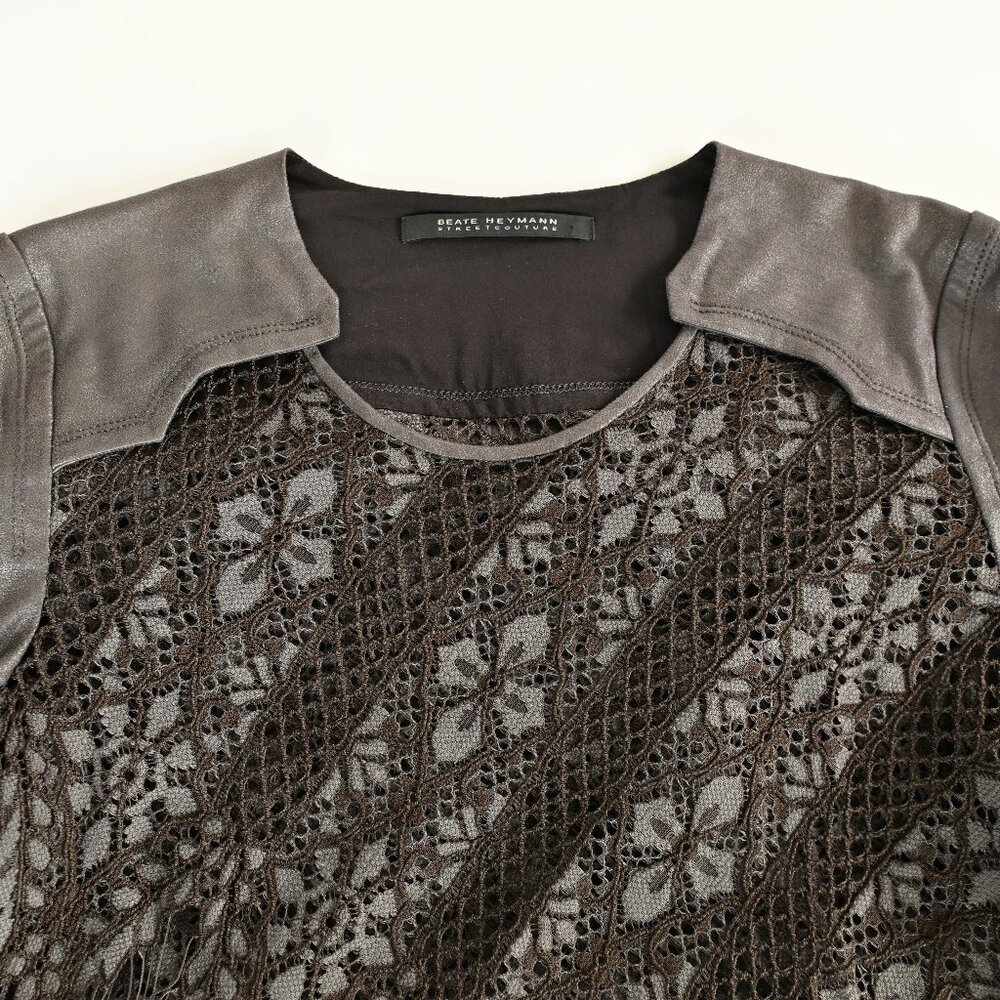 Beate Heymann Street Couture Brown Lace and Faux Leather Blouse- Size 8